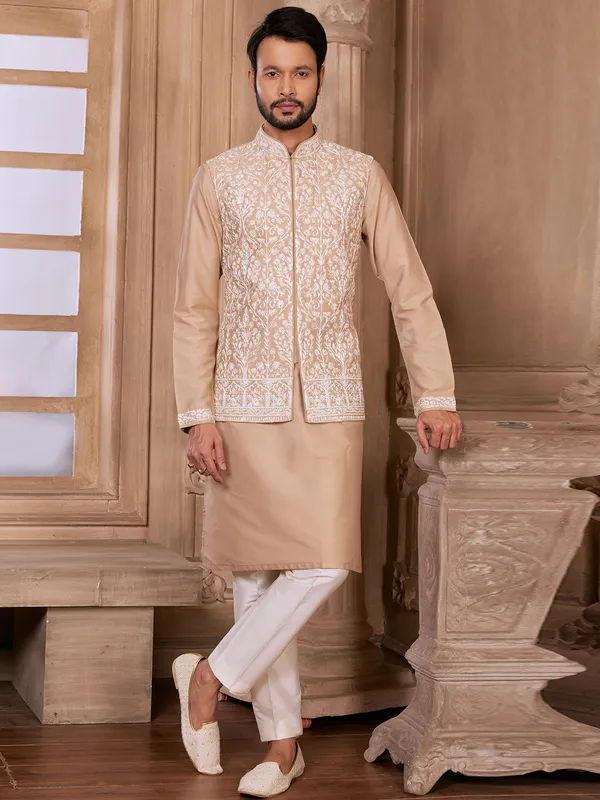 Dusty peach silk wedding wear waistcoat set-G3-MWCS943