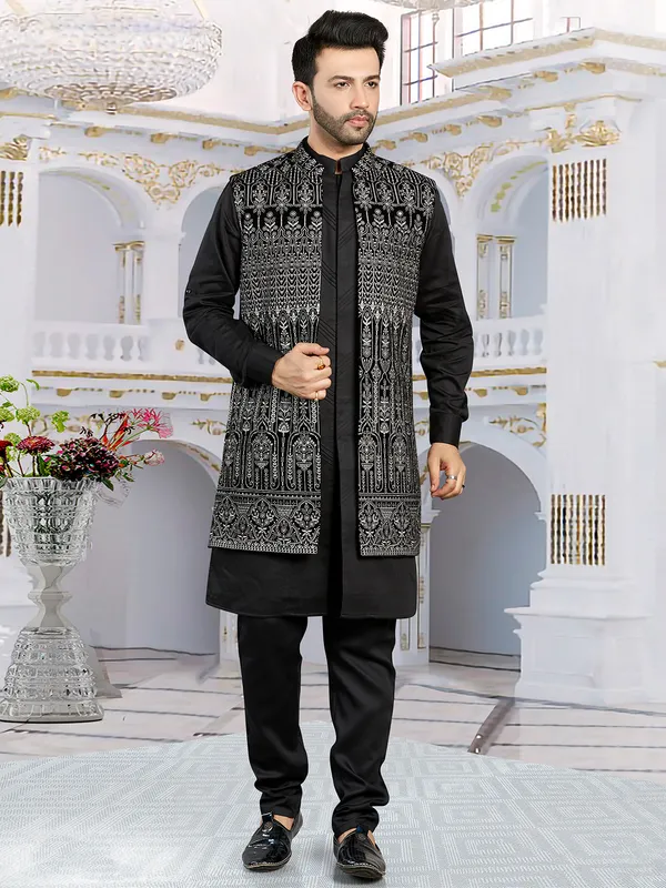 Elegant black long jacket waistcoat set-G3-MWCS1232