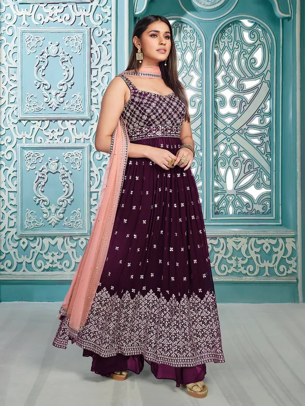 Dark Plum Purple Crepe Croptop Palazzo Suit With Cutdana Sequin Embroidery main image 1