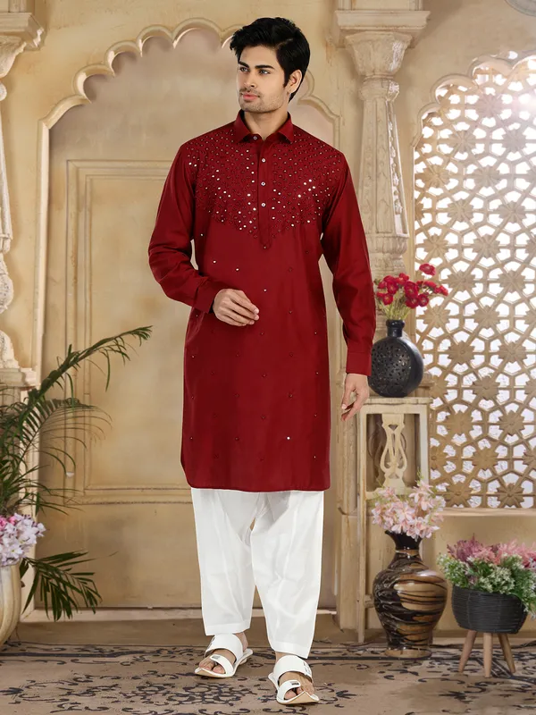 Elegant maroon cotton pathani suit-G3-MPS4263 Bahrain