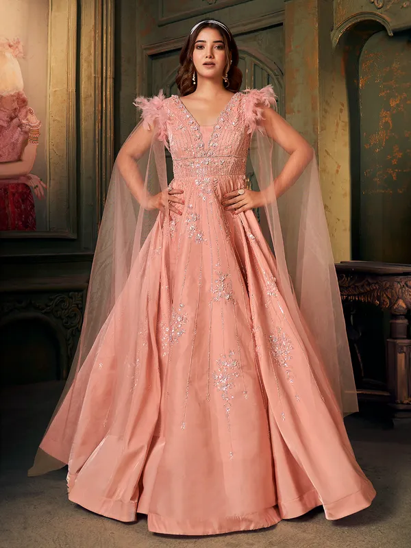 Peach Gown with Full Embroidery on Net Fabric - Rent main image 1