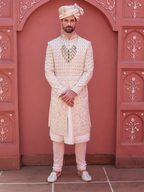 Elegant silk cream groom sherwani-G3-MSH7851 United States