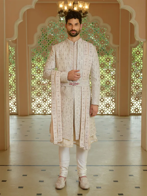 Fabulous beige silk sherwani-G3-MSH7854