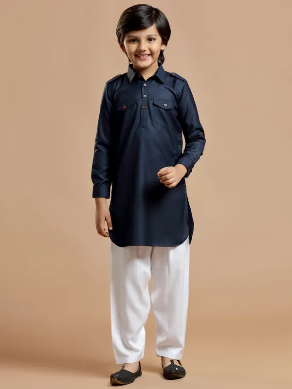 Festive navy plain cotton silk boys pathani suit G3 BPS01252