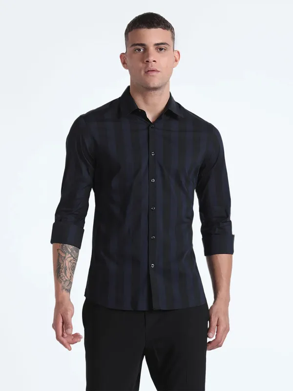 Flying Machine navy and black stripe shirt-G3-MCS12633 | United...