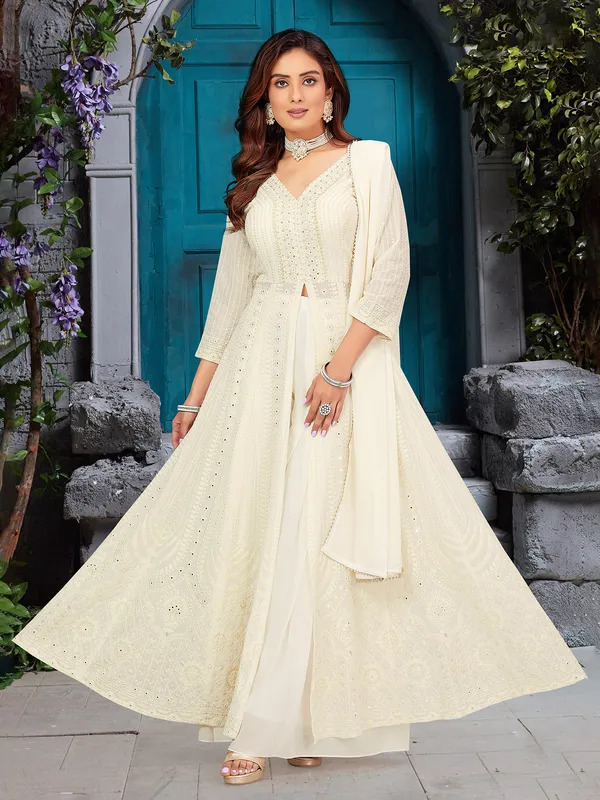 Grey Butterfly Net Embroidery Work Palazzo Suit
