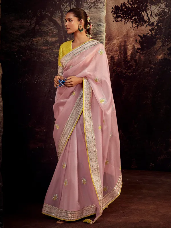 Baby Pink Organza Saree with Multicolor Floral Embroidery Work