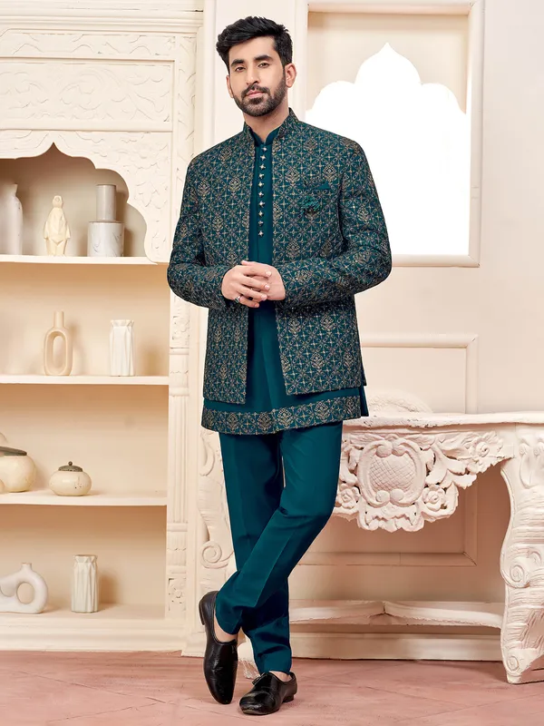 Indo Western Groom Footwear With Sherwani Graceful Rama Green