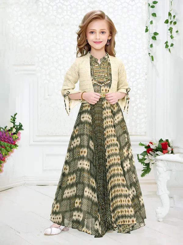 Green georgette long dress with designer jacket-G3-GDR0696