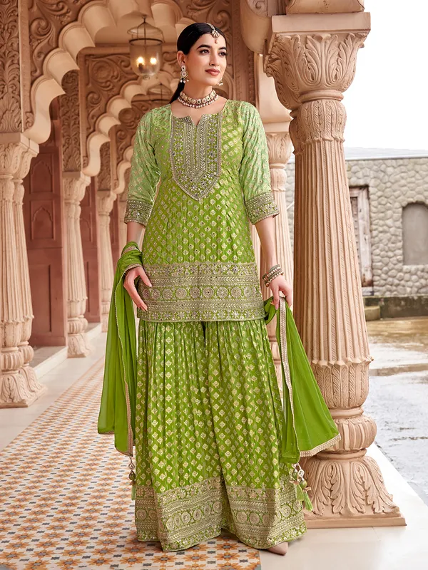 Silk Party Wear Sharara Suit Online Green Silk Pakistani Sharara Suit With  Dupatta-G3-WSS44046