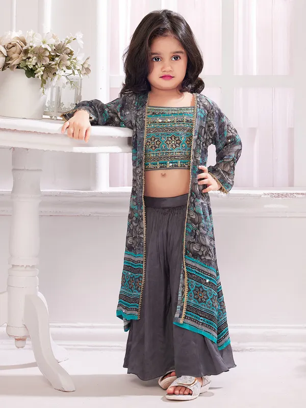 Grey jacket style printed palazzo set-G3-GSS2895