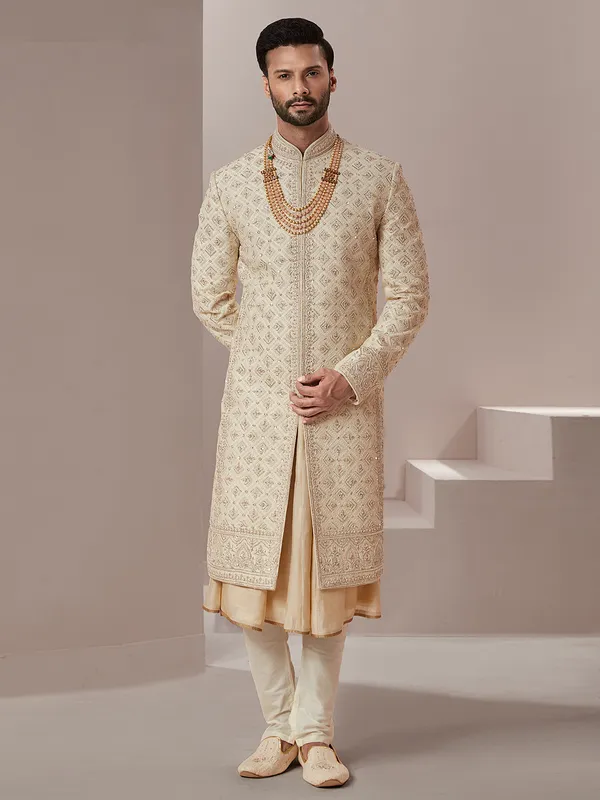 Groom wear beige raw silk fabric sherwani-G3-MSH7116 France