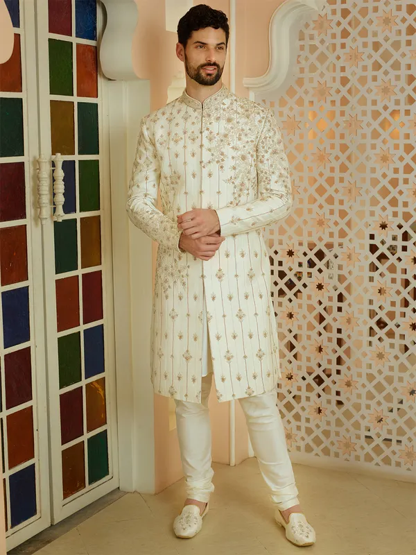 Groom wear off white silk sherwani-G3-MSH7845