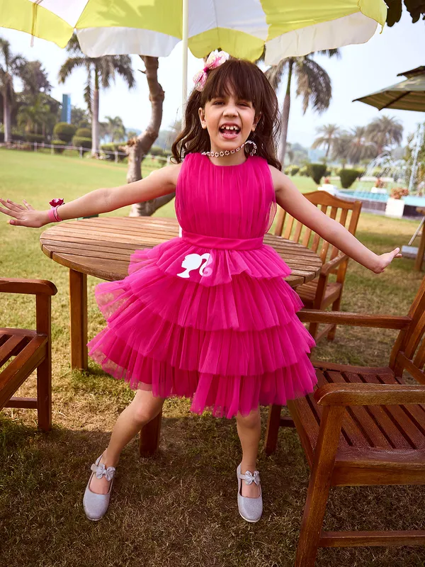 Hot pink net frock for girls-G3-GDR0670