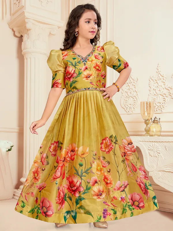 Khaki Printed Chiffon Gown for Festive Khaki Printed Chiffon Gown for Festive