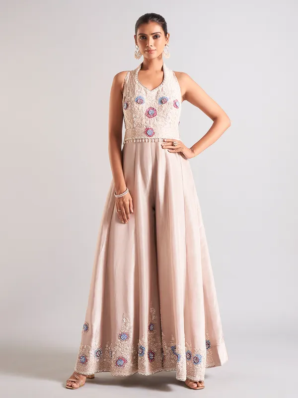Latest beige silk jump suit-G3-WSS42138