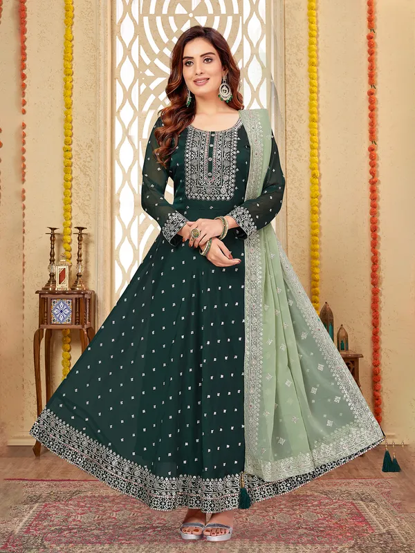 Latest bottle green silk anarkali suit-G3-WSS40359 | New Zealand