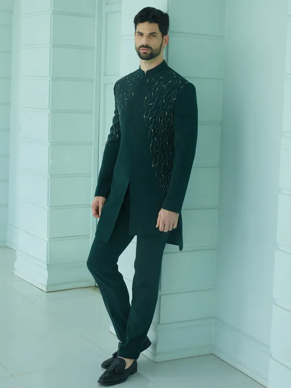 green emerald velvet dress Bottle Green Indo-Western Embroidered Chinon Jumpsuit main image 0