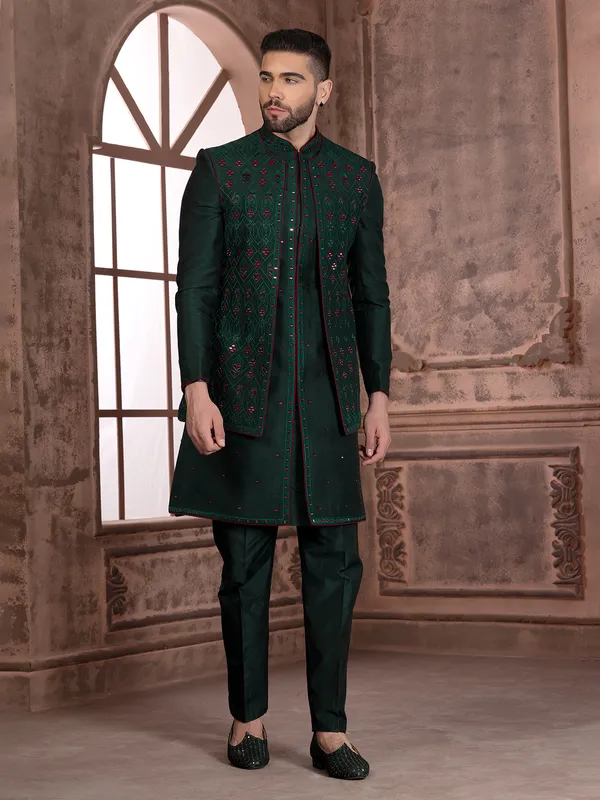 slim fit dress slacks Odette Women Dark Green Crepe Designer Stitched Indo-Western Dress main image 1