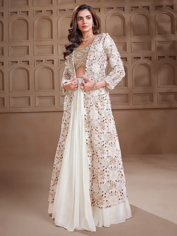 Latest georgette cream shrug style lehenga choli-G3-WLC16028 Germany