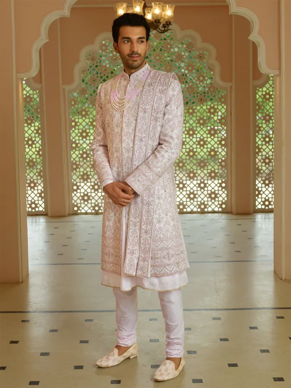 Latest light pink groom sherwani in silkG3MSH7850 United States