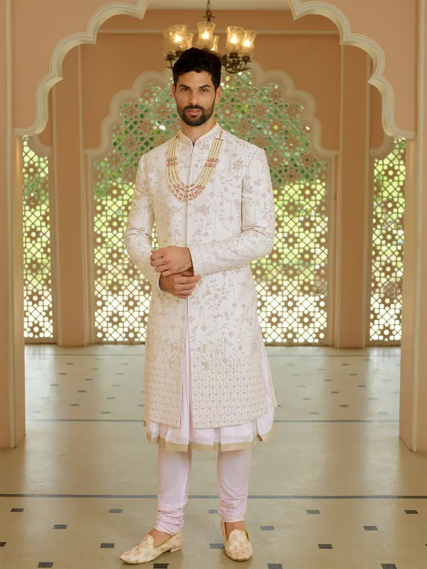 Latest light pink silk sherwani for groom-G3-MSH7846