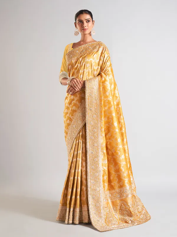 Mustard Yellow Crepe Silk Readymade/Easy Saree