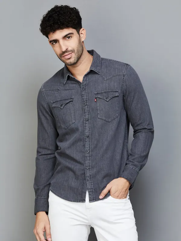 To Wear Gray Shirt With Jeans LEVIS Dark Grey Denim Shirt-G3-MCS13510