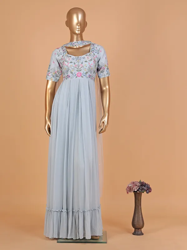 Sky Blue Organza Silk Marble Print Anarkali Suit Set with Dupatta