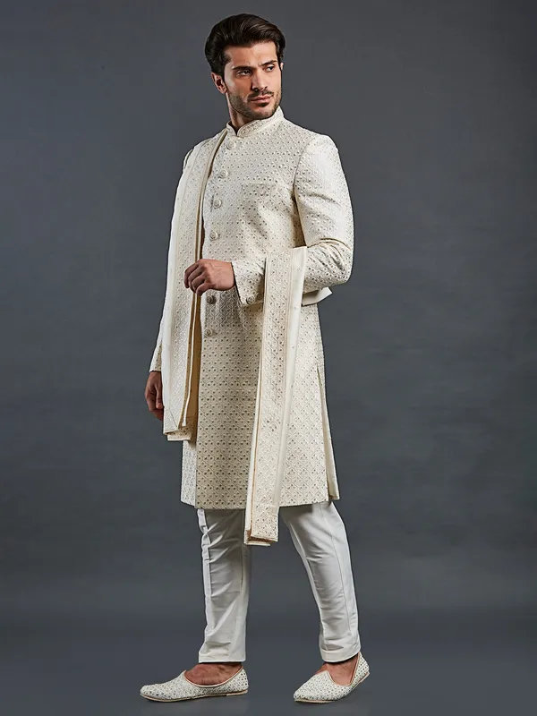 Rent Cream & Maroon Colour Sherwani for Groom