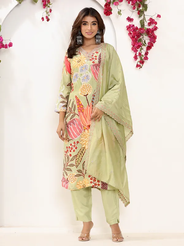 Green Geometric Printed A-line Kurti