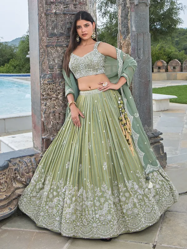 Green Heavy Bridal Wear Lehenga Choli - Clearance