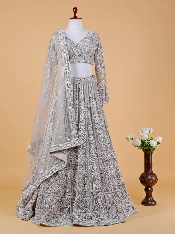 Delightful Grey Net Tiered Heavy A Line Lehenga Choli