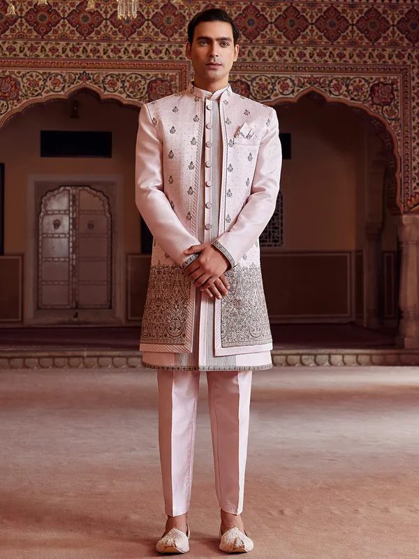 Light pink finest raw silk indo western for men-G3-MIW8200