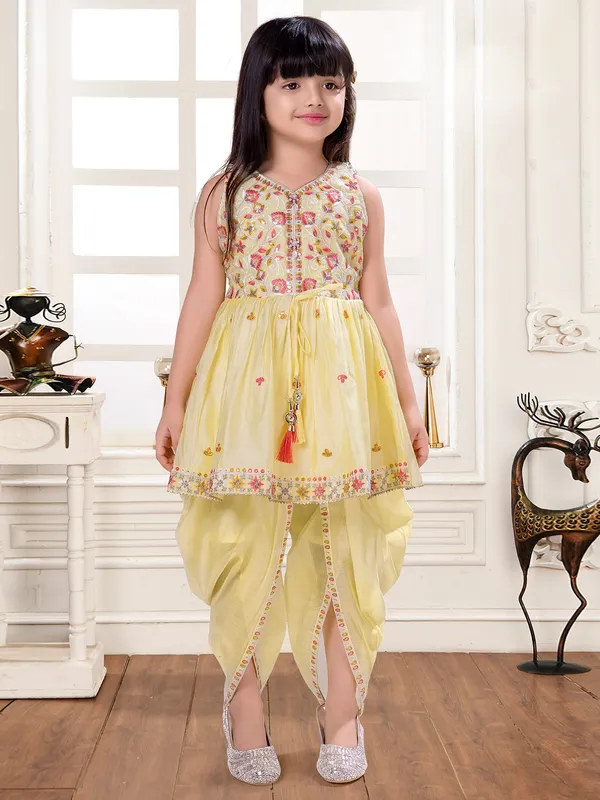 Dhoti Indo Western Dress For 12 Year Girl Light Yellow Silk Dhoti