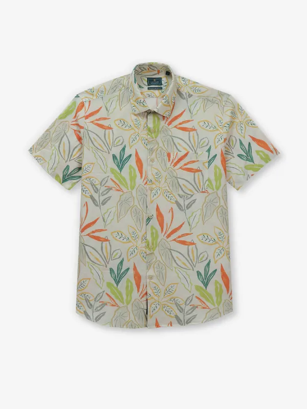 LINEN CLUB beige printed cotton shirt-G3-MCS15542 New Zealand