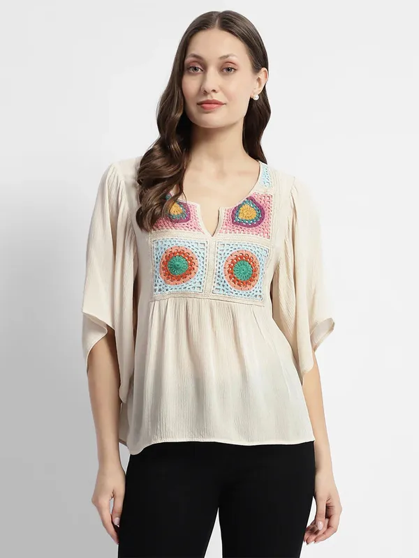 MADAME beige crochet embroidered casual top-G3-WTO4953 Ireland