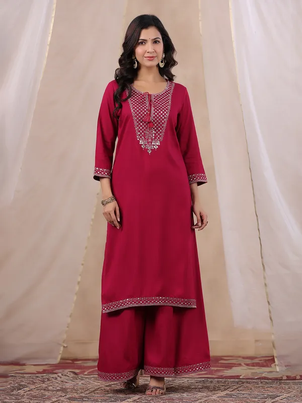 Magenta Solid Woolen Palazzo