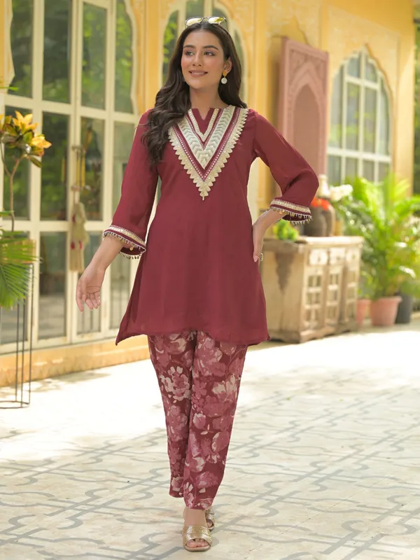 Cotton Kurti Festive Wear Kurtis Online Maroon Floral Cotton Silk