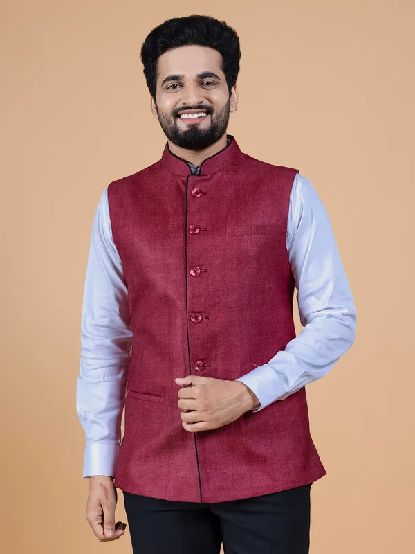 Maroon Color Waistcoat In White Dress Design Maroon Jute Silk
