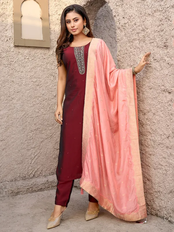 Maroon silk salwar suit with dupatta for women-G3-WSS42942 Bahrain