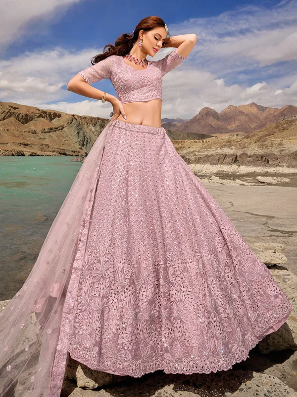 Mauve Pink Organza Pearl Coding Sequins Embroidery Work Lehenga Choli