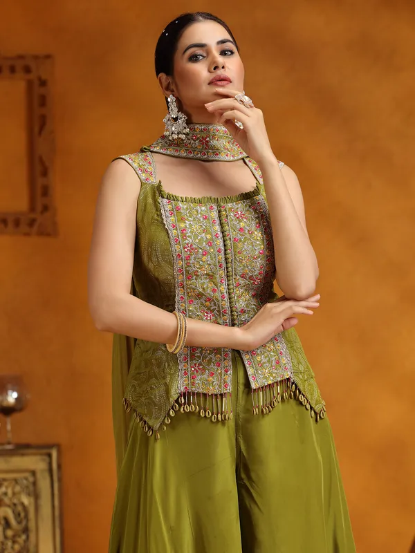 Green Satin Palazzo Suits with Beads Sequins Work