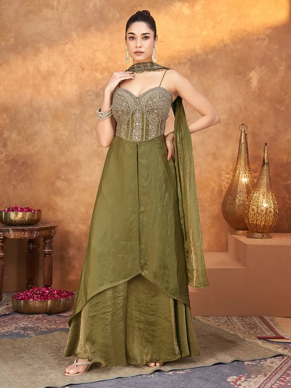 Mehendi green tissue silk embroidered work festive palazzo...