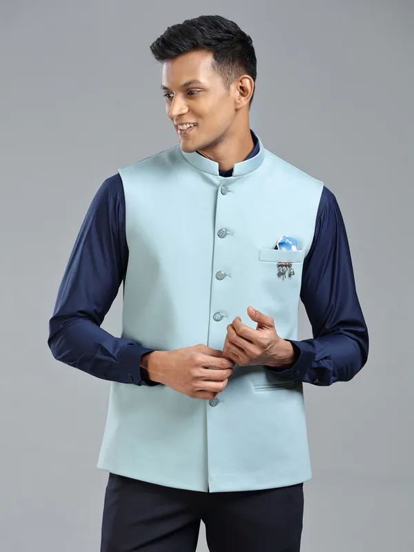 Mint blue cool waistcoat for the modern men-G3-MWC2665