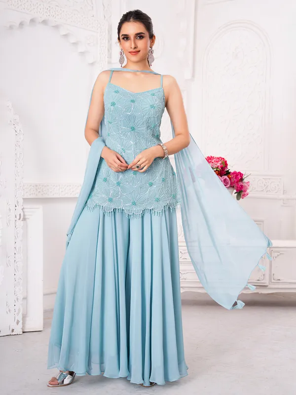 Mint blue georgette palazzo set with pearl detailing-G3-WSS43556