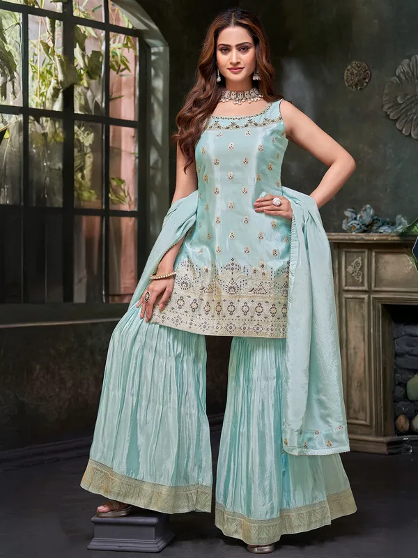 Mint blue sharara suit for women-G3-WSS43309