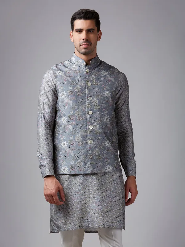 Printed grey waistcoat set in silk-G3-MWCS1247
