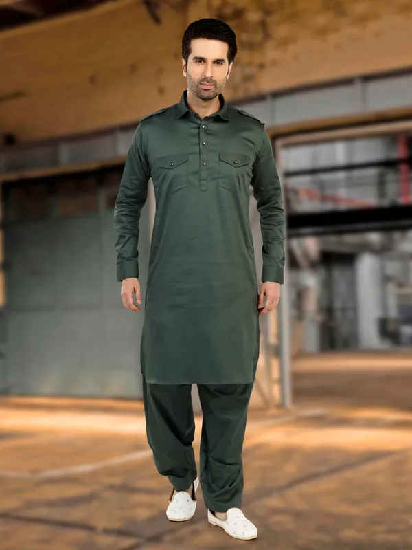 G3fashion Moss Green Cotton Plain Pathani Suit