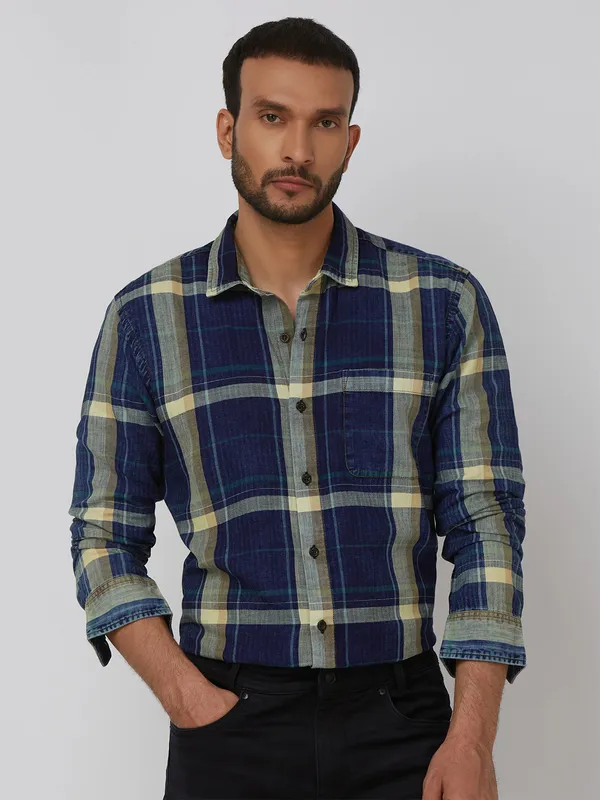 MUFTI dark blue checks cotton shirt-G3-MCS14023 France